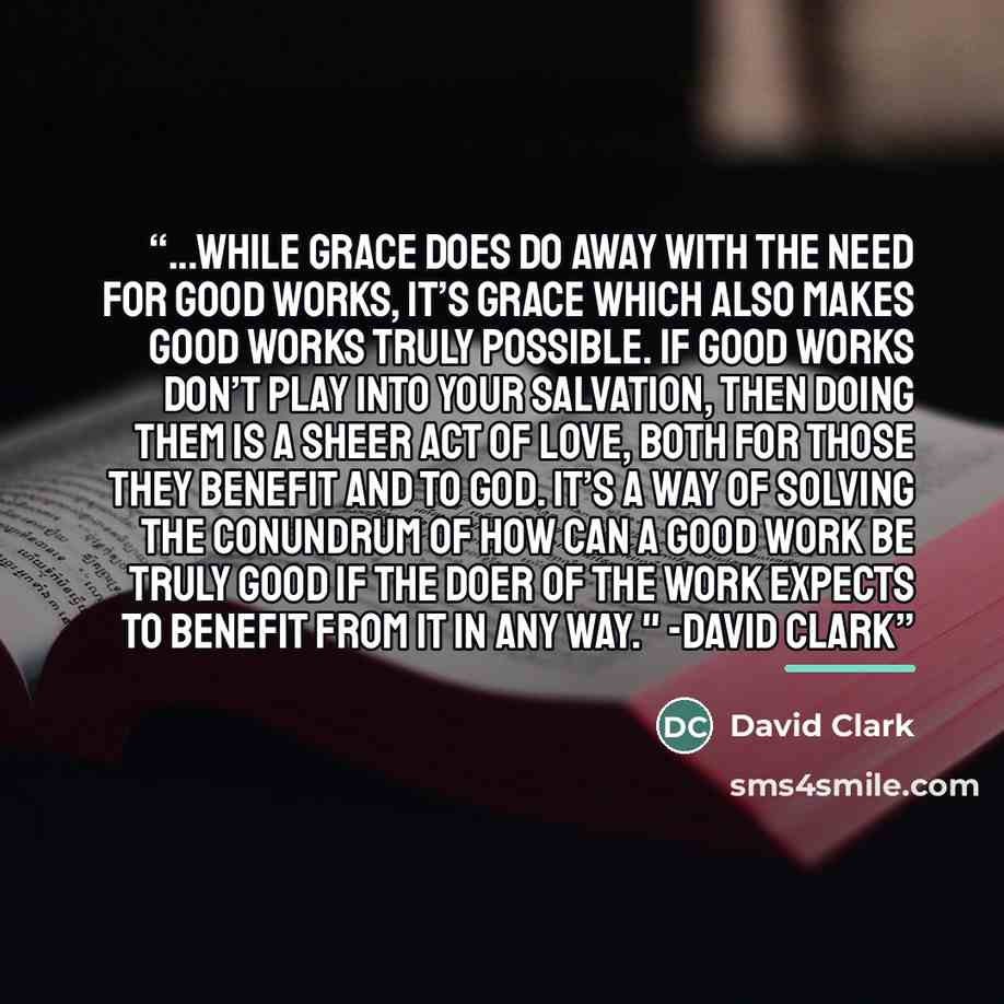 “...While grace does do away with the need for good works, it’s grace which also makes good works truly possible. If good works don’t play into your salvation, then doing them is a sheer act of love, both for those they benefit and to God. It’s a way of solving the conundrum of how can a good work…” quote by David Clark