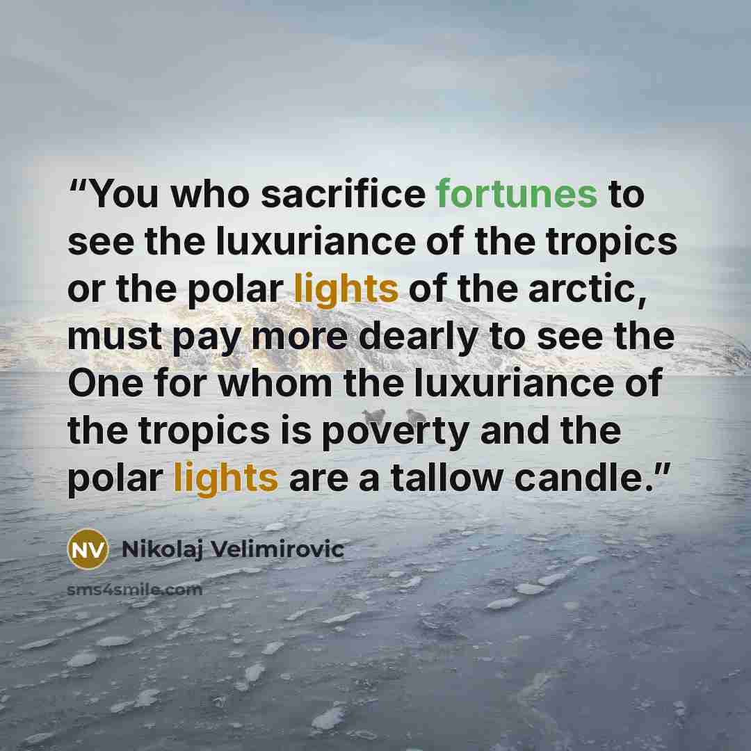 “You who sacrifice fortunes to see the luxuriance of the tropics or the polar lights of the arctic, must pay more dearly to see the One for whom the luxuriance of the tropics is poverty and the polar lights are a tallow candle.” quote by Nikolaj Velimirović