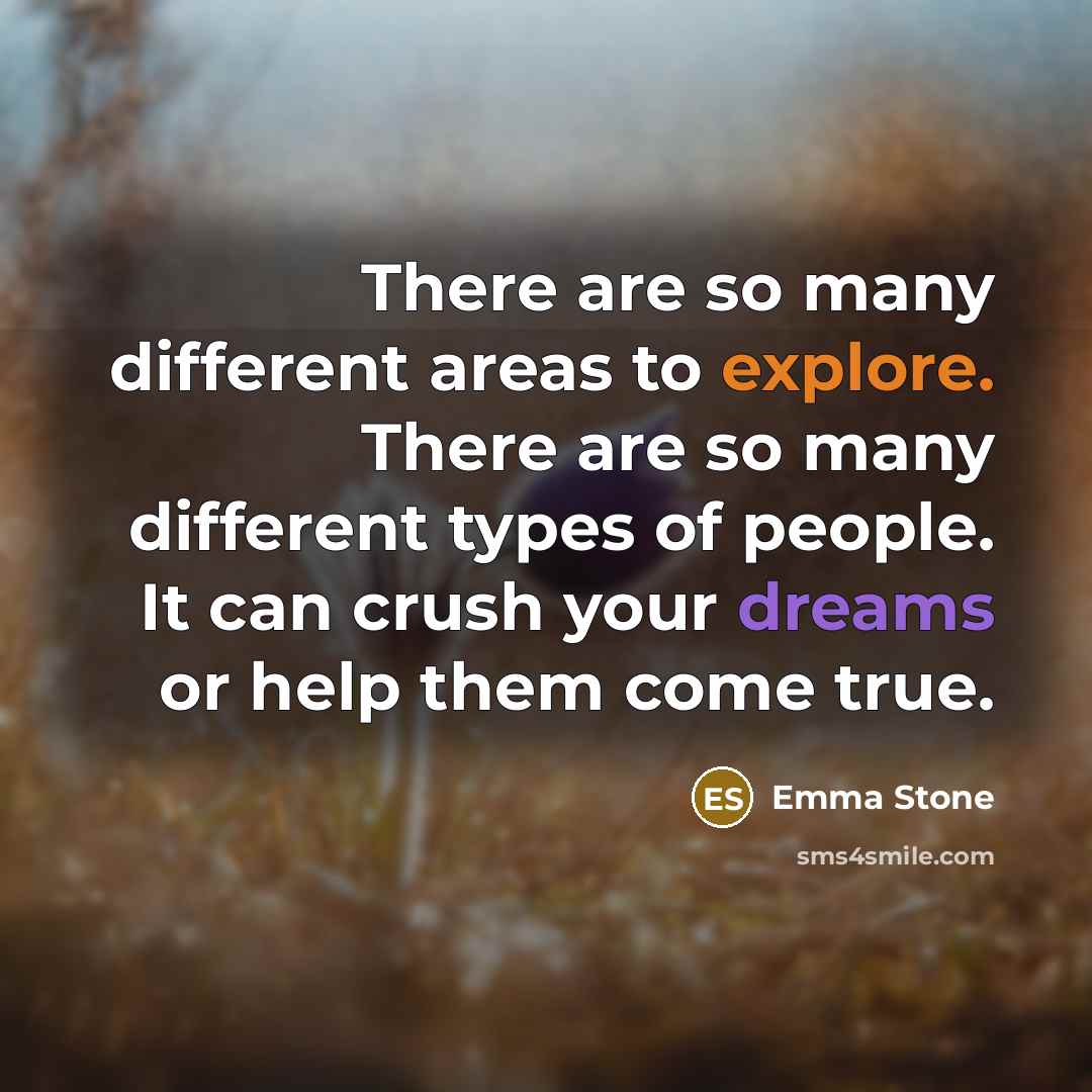 “There are so many different areas to explore. There are so many different types of people. It can crush your dreams or help them come true.” quote by Emma Stone