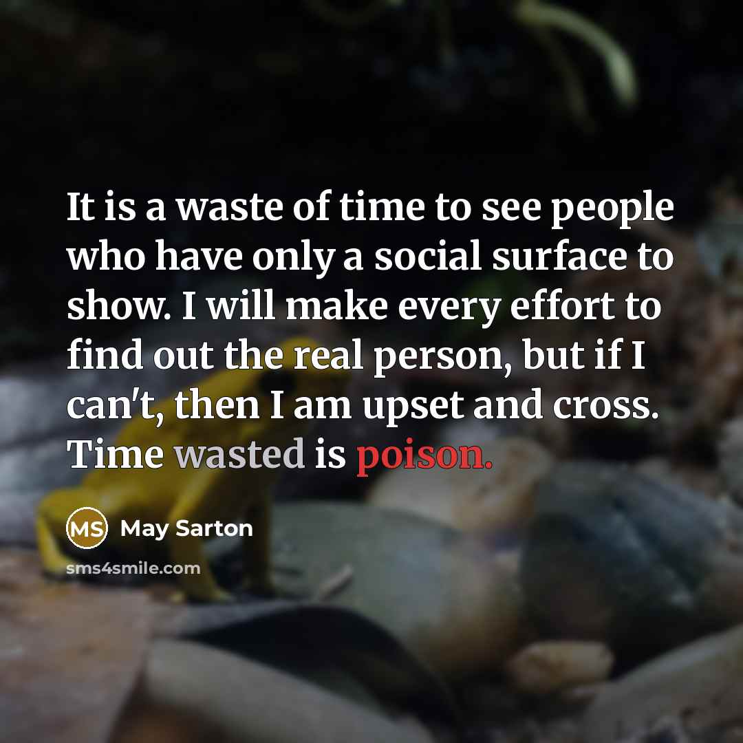 “It is a waste of time to see people who have only a social surface to show. I will make every effort to find out the real person, but if I can't, then I am upset and cross. Time wasted is poison.” quote by May Sarton