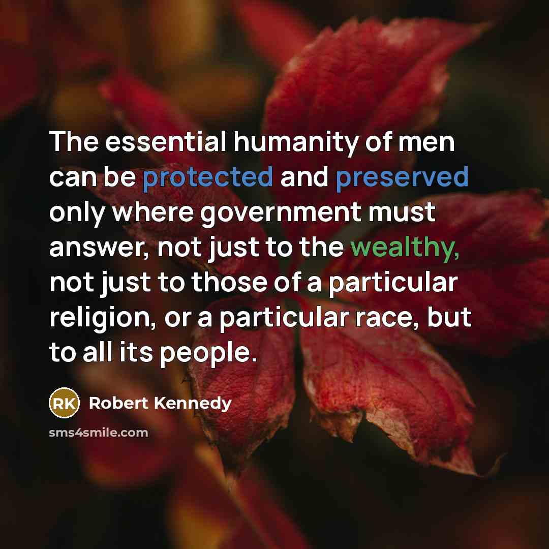 “The essential humanity of men can be protected and preserved only where government must answer, not just to the wealthy, not just to those of a particular religion, or a particular race, but to all its people.” quote by Robert Kennedy