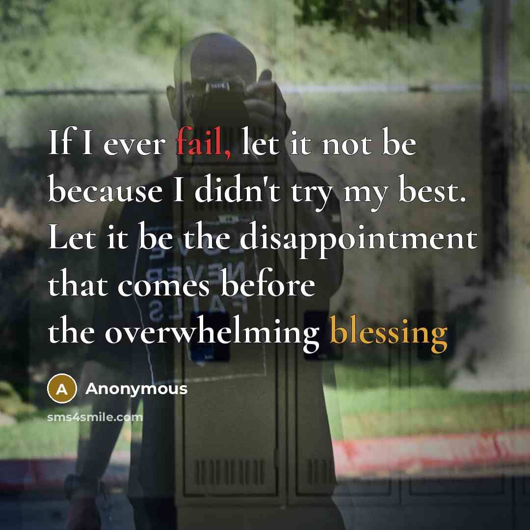 “If I ever fail, let it not be because I didn't try my best. Let it be the disappointment that comes before the overwhelming blessing” quote by Anonymous