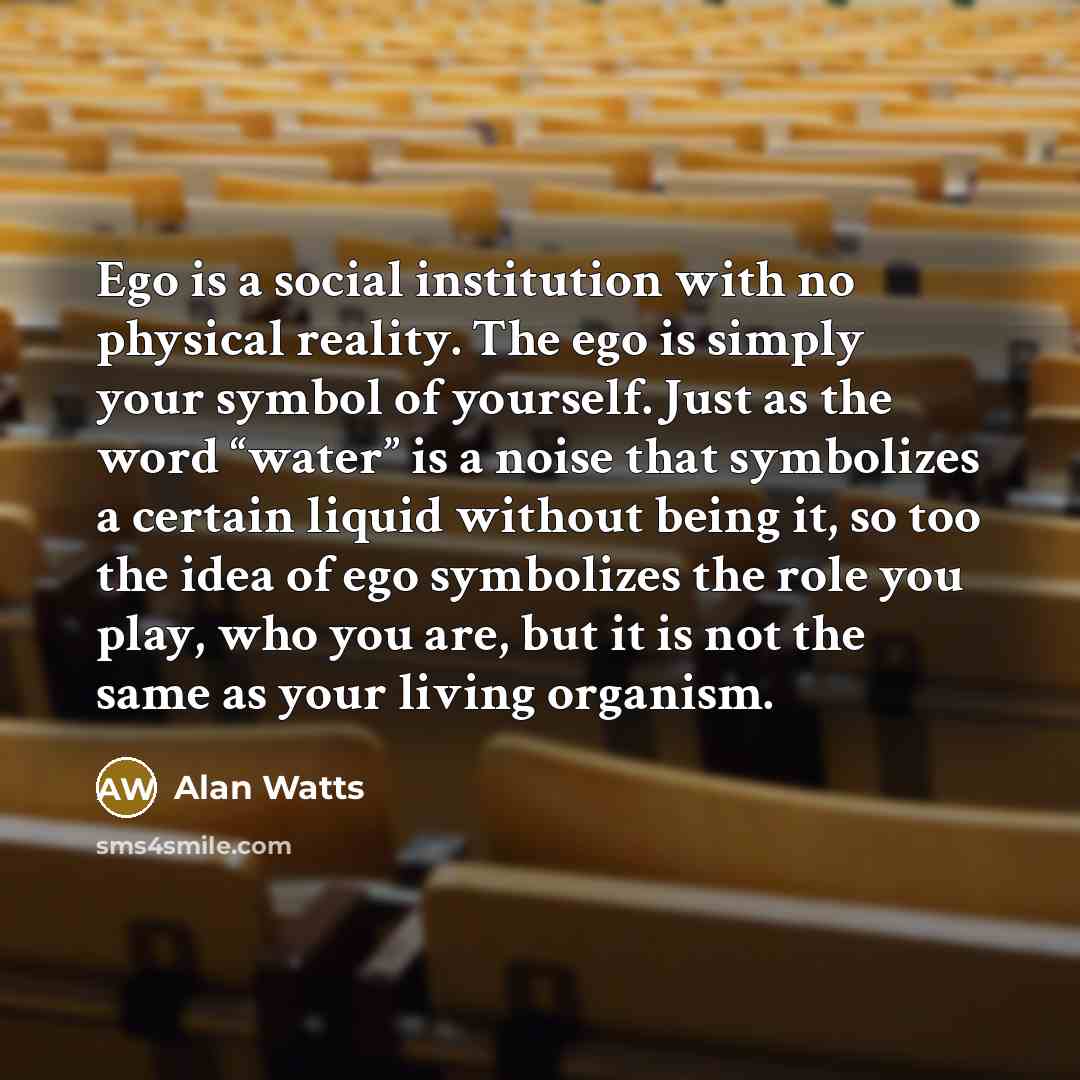 “Ego is a social institution with no physical reality. The ego is simply your symbol of yourself. Just as the word “water” is a noise that symbolizes a certain liquid without being it, so too the idea of ego symbolizes the role you play, who you are, but it is not the same as your living organism.” quote by Alan Watts