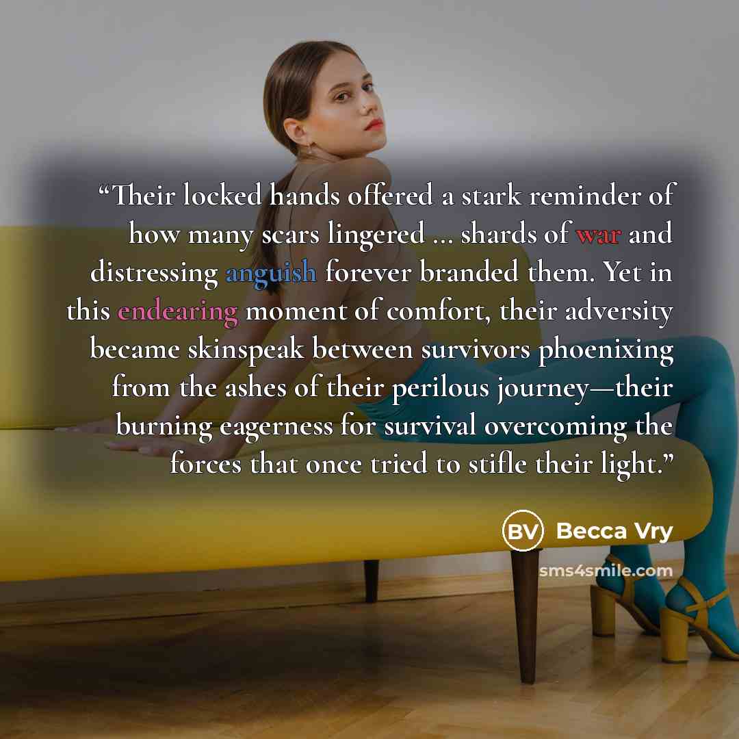 “Their locked hands offered a stark reminder of how many scars lingered … shards of war and distressing anguish forever branded them. Yet in this endearing moment of comfort, their adversity became skinspeak between survivors phoenixing from the ashes of their perilous journey—their burning…” quote by Becca Vry