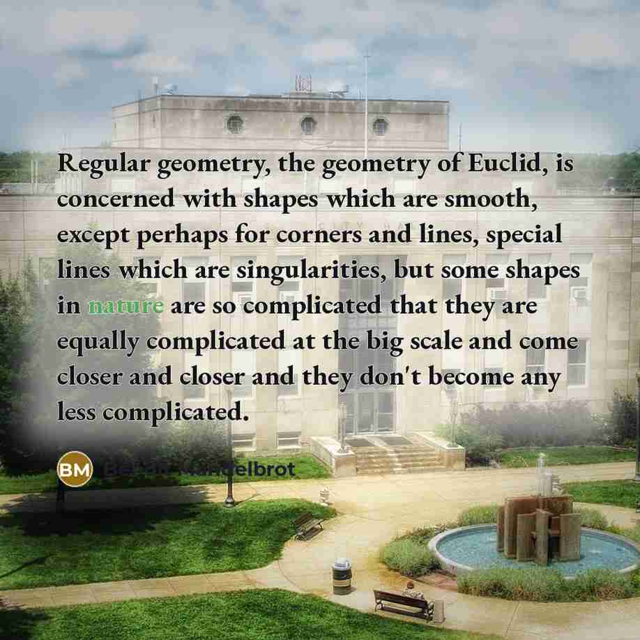 “Regular geometry, the geometry of Euclid, is concerned with shapes which are smooth, except perhaps for corners and lines, special lines which are singularities, but some shapes in nature are so complicated that they are equally complicated at the big scale and come closer and closer and they…” quote by Benoit Mandelbrot