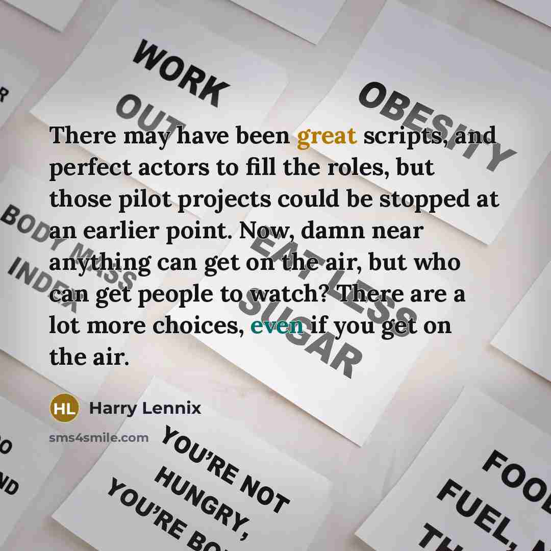 “There may have been great scripts, and perfect actors to fill the roles, but those pilot projects could be stopped at an earlier point. Now, damn near anything can get on the air, but who can get people to watch? There are a lot more choices, even if you get on the air.” quote by Harry Lennix