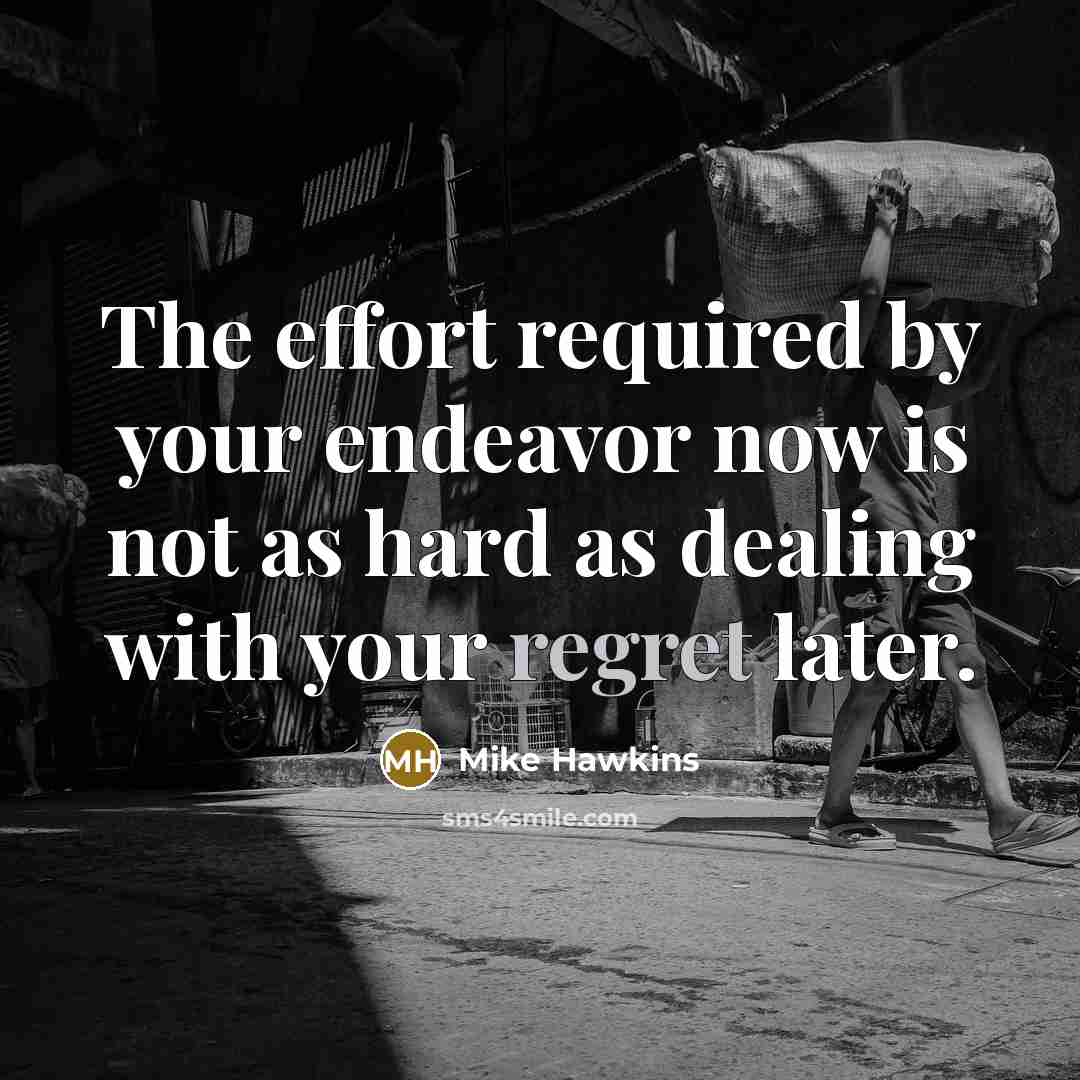 “The effort required by your endeavor now is not as hard as dealing with your regret later.” quote by Mike Hawkins