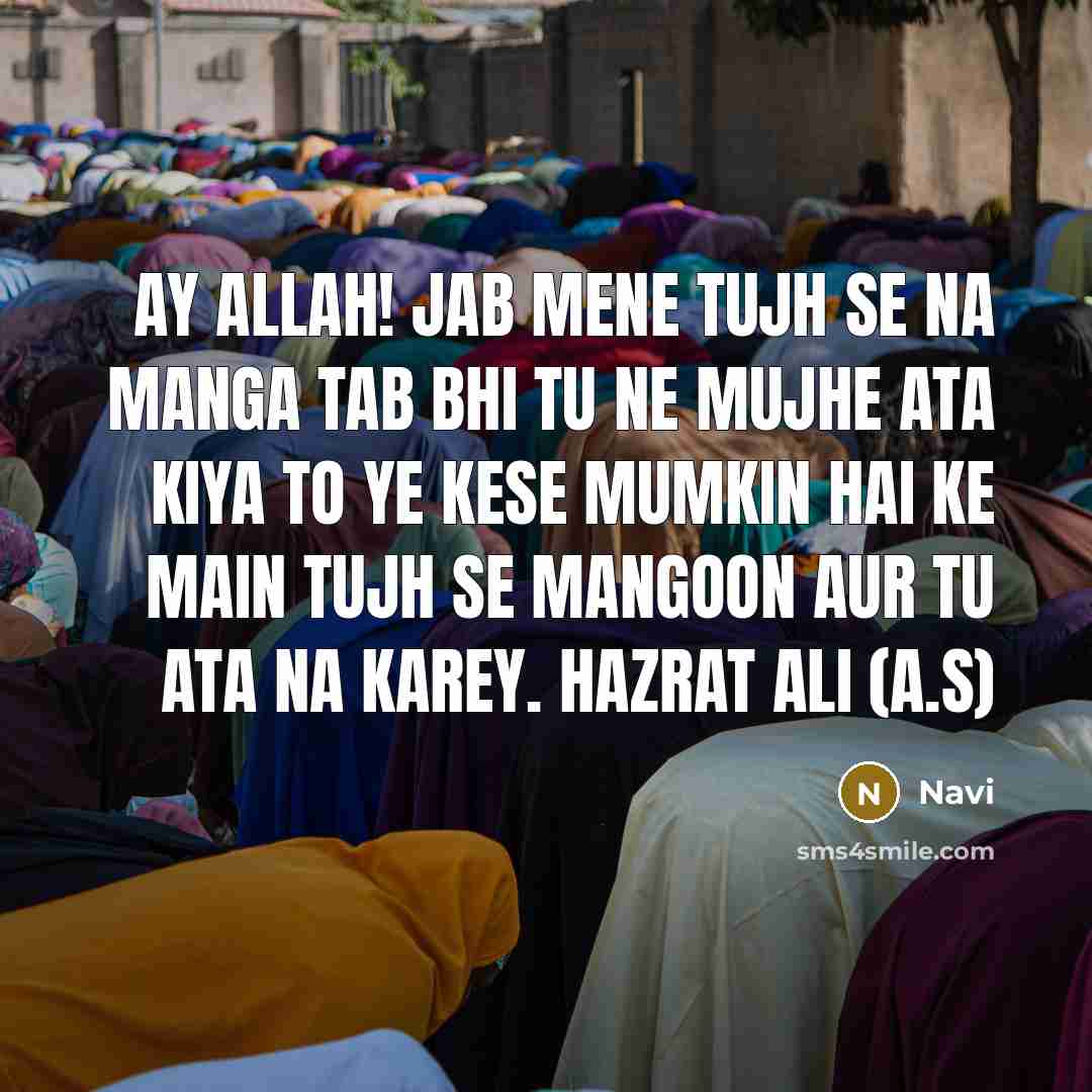“Ay Allah! Jab mene tujh se na manga tab bhi tu ne mujhe ata kiya to ye kese mumkin hai ke main tujh se mangoon aur tu ata na karey. Hazrat Ali (A.S)” quote by Navi