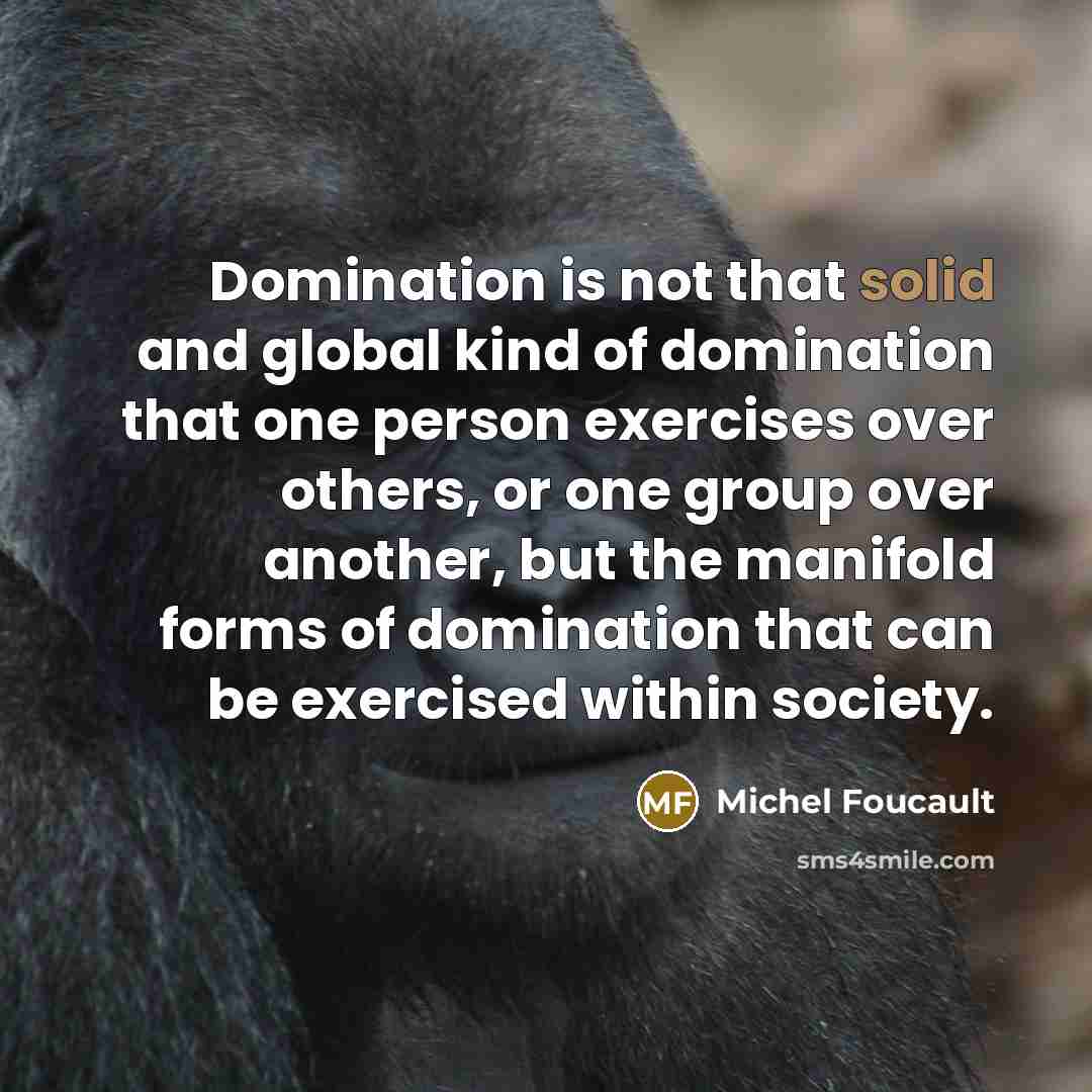 “Domination is not that solid and global kind of domination that one person exercises over others, or one group over another, but the manifold forms of domination that can be exercised within society.” quote by Michel Foucault
