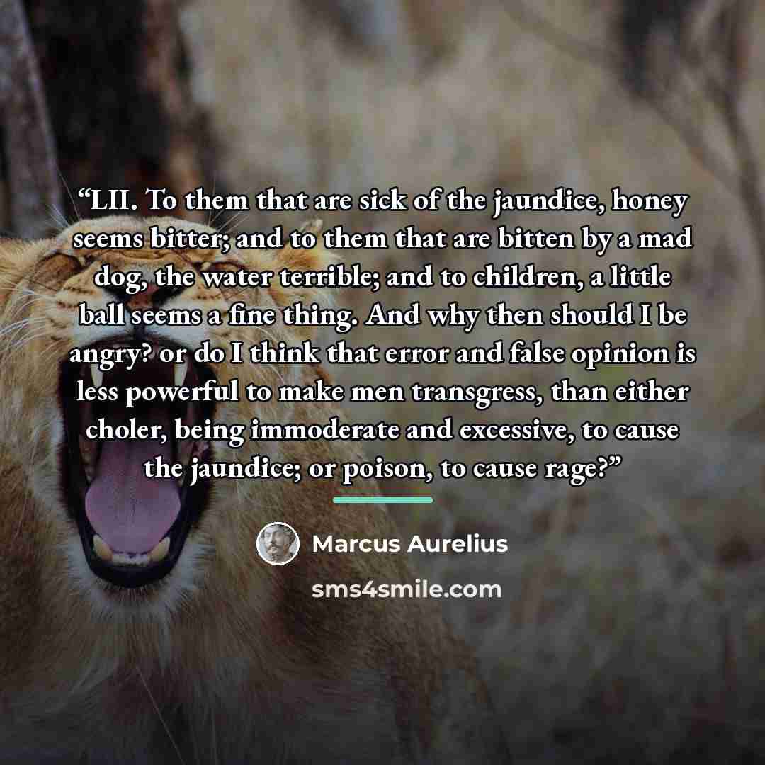 “LII. To them that are sick of the jaundice, honey seems bitter; and to them that are bitten by a mad dog, the water terrible; and to children, a little ball seems a fine thing. And why then should I be angry? or do I think that error and false opinion is less powerful to make men transgress, than…” quote by Marcus Aurelius