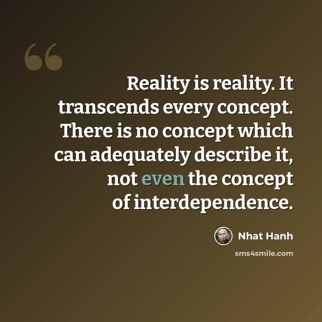 “Reality is reality. It transcends every concept. There is no concept which can adequately describe it, not even the concept of interdependence.” quote by Nhat Hanh