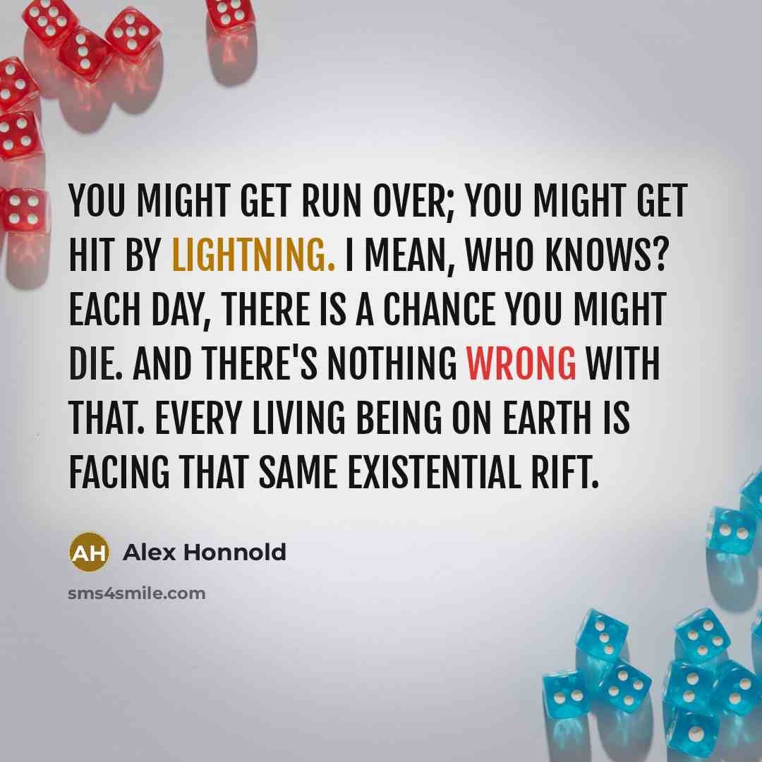 “You might get run over; you might get hit by lightning. I mean, who knows? Each day, there is a chance you might die. And there's nothing wrong with that. Every living being on Earth is facing that same existential rift.” quote by Alex Honnold
