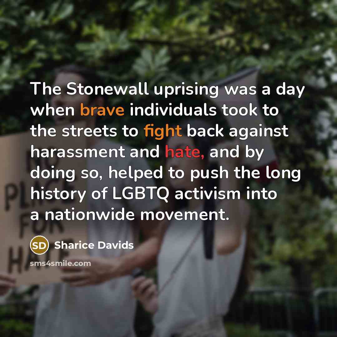 “The Stonewall uprising was a day when brave individuals took to the streets to fight back against harassment and hate, and by doing so, helped to push the long history of LGBTQ activism into a nationwide movement.” quote by Sharice Davids