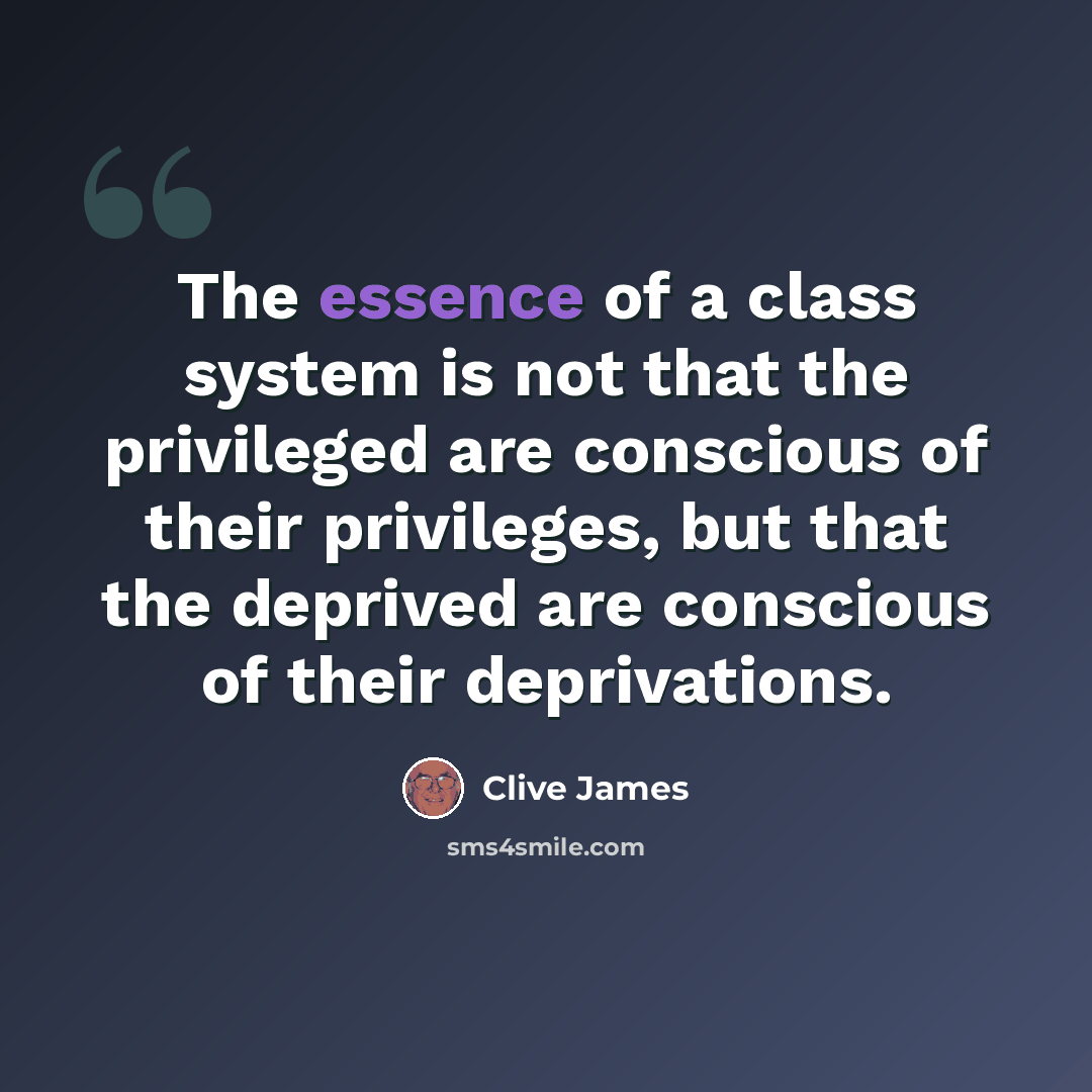 “The essence of a class system is not that the privileged are conscious of their privileges, but that the deprived are conscious of their deprivations.” quote by Clive James