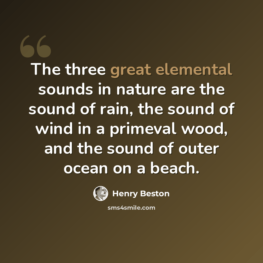 “The three great elemental sounds in nature are the sound of rain, the sound of wind in a primeval wood, and the sound of outer ocean on a beach.” quote by Henry Beston