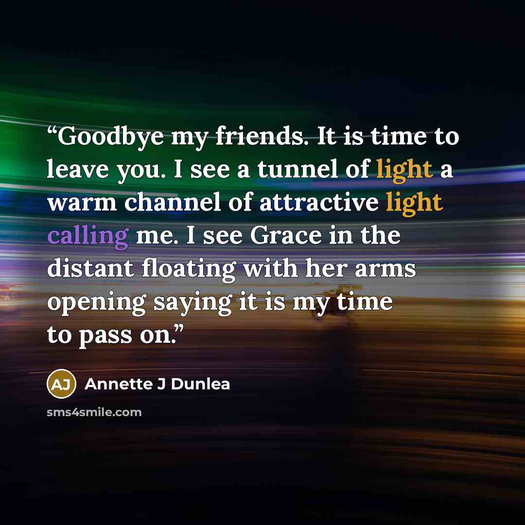 “Goodbye my friends. It is time to leave you. I see a tunnel of light a warm channel of attractive light calling me. I see Grace in the distant floating with her arms opening saying it is my time to pass on.” quote by Annette J Dunlea