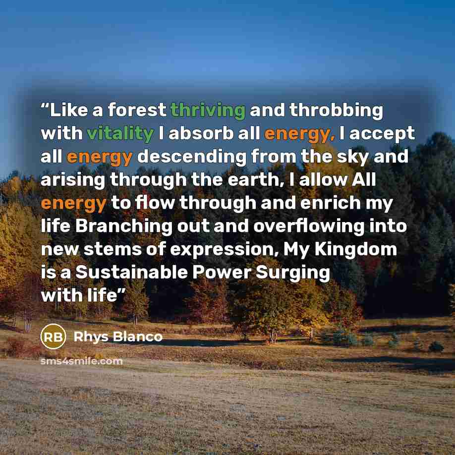 “Like a forest thriving and throbbing with vitality I absorb all energy, I accept all energy descending from the sky and arising through the earth, I allow All energy to flow through and enrich my life Branching out and overflowing into new stems of expression, My Kingdom is a Sustainable Power…” quote by Rhys Blanco