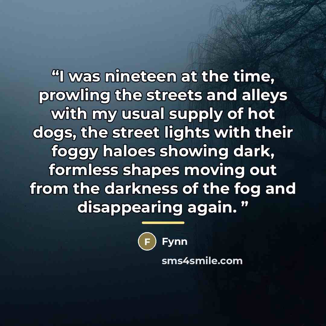 “I was nineteen at the time, prowling the streets and alleys with my usual supply of hot dogs, the street lights with their foggy haloes showing dark, formless shapes moving out from the darkness of the fog and disappearing again.” quote by Fynn