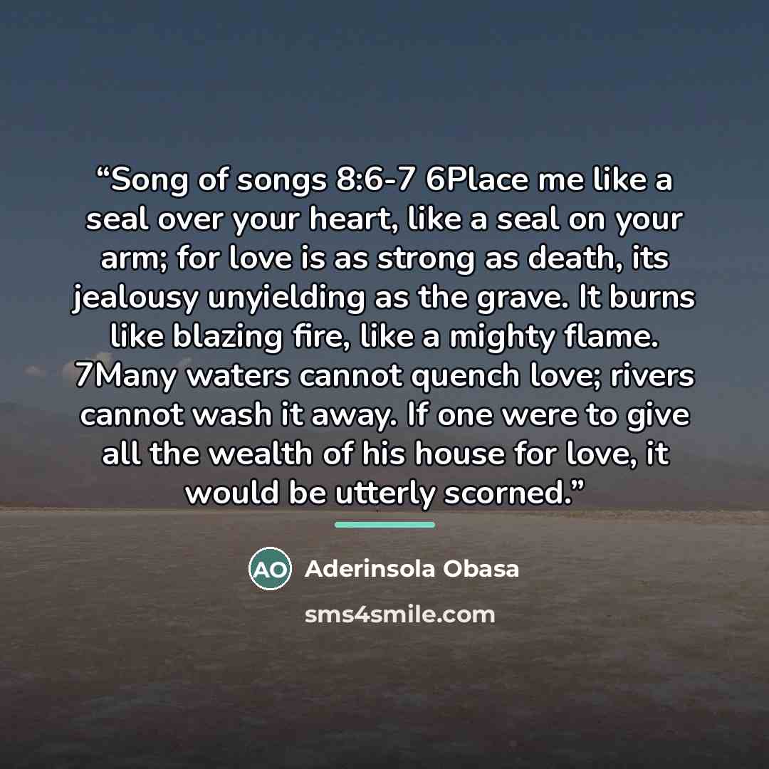 “Song of songs 8:6-7 6Place me like a seal over your heart, like a seal on your arm; for love is as strong as death, its jealousy unyielding as the grave. It burns like blazing fire, like a mighty flame. 7Many waters cannot quench love; rivers cannot wash it away. If one were to give all the wealth…” quote by Aderinsola Obasa