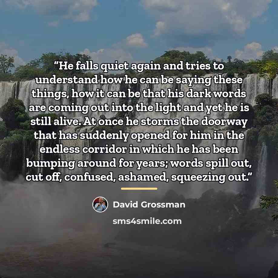 “He falls quiet again and tries to understand how he can be saying these things, how it can be that his dark words are coming out into the light and yet he is still alive. At once he storms the doorway that has suddenly opened for him in the endless corridor in which he has been bumping around for…” quote by David Grossman