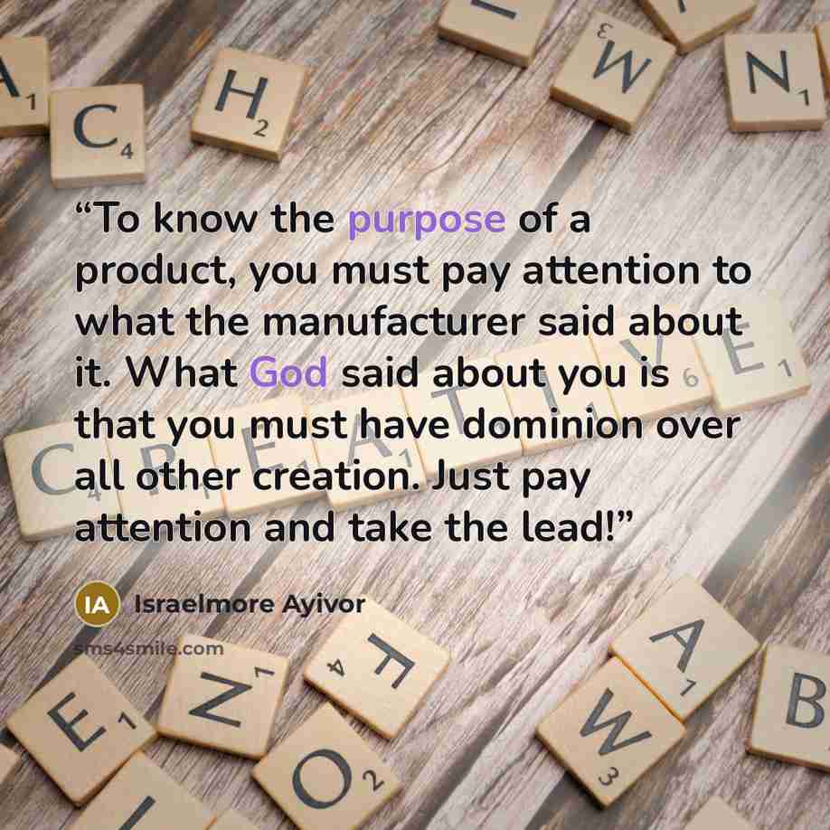 “To know the purpose of a product, you must pay attention to what the manufacturer said about it. What God said about you is that you must have dominion over all other creation. Just pay attention and take the lead!” quote by Israelmore Ayivor