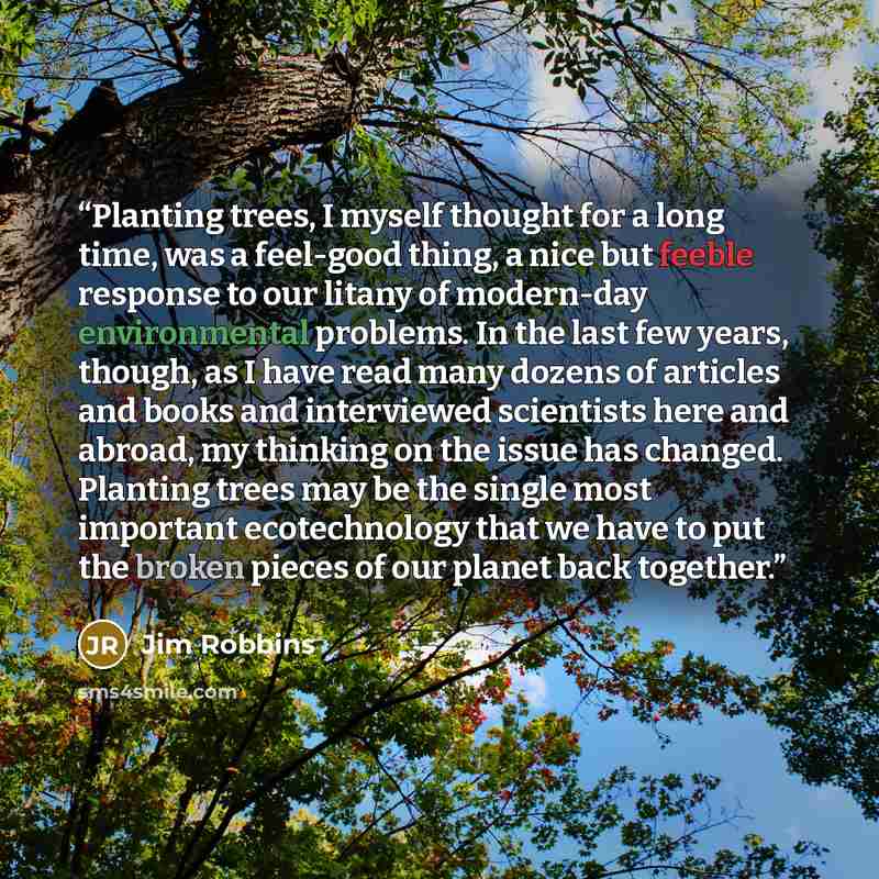 “Planting trees, I myself thought for a long time, was a feel-good thing, a nice but feeble response to our litany of modern-day environmental problems. In the last few years, though, as I have read many dozens of articles and books and interviewed scientists here and abroad, my thinking on the…” quote by Jim Robbins