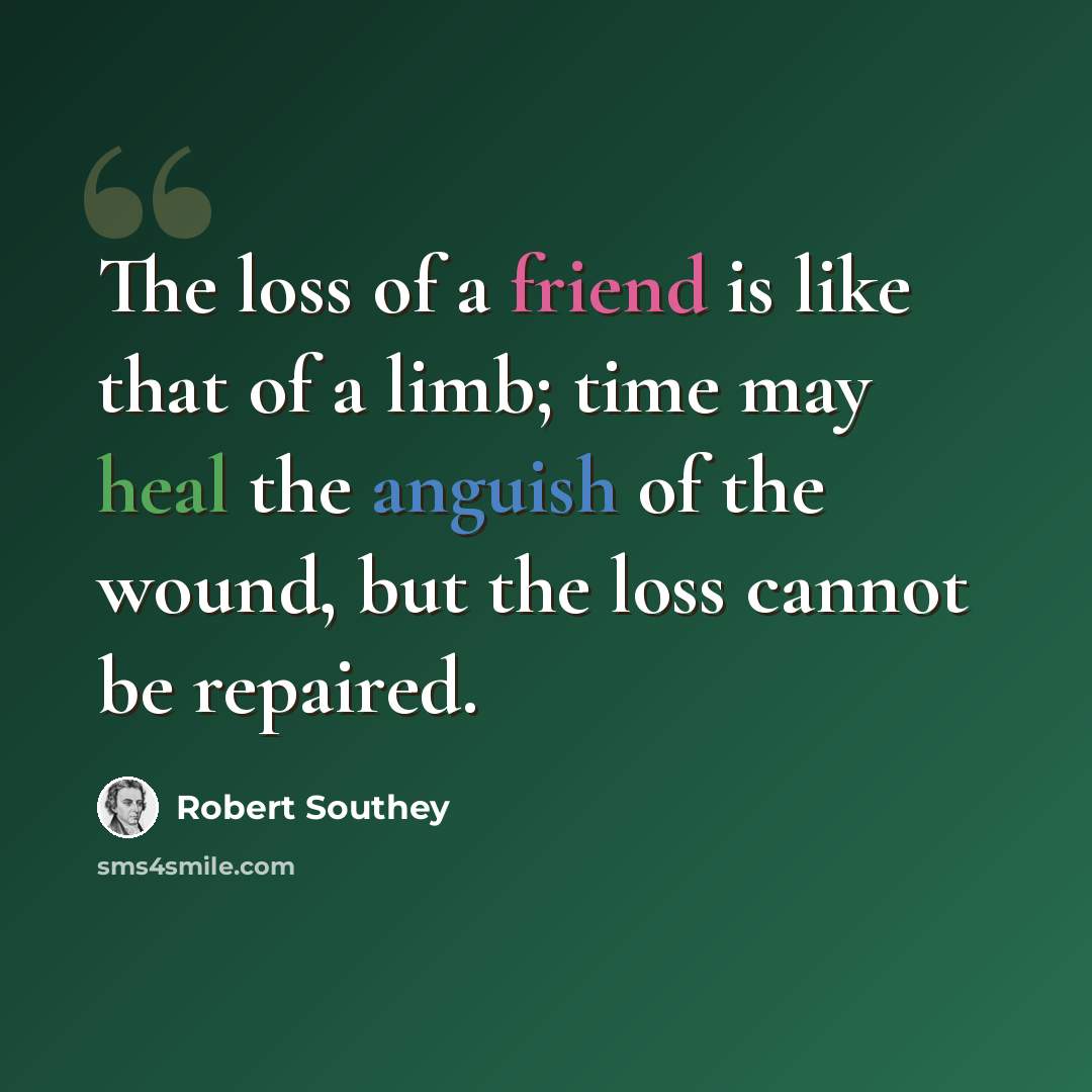 “The loss of a friend is like that of a limb; time may heal the anguish of the wound, but the loss cannot be repaired.” quote by Robert Southey