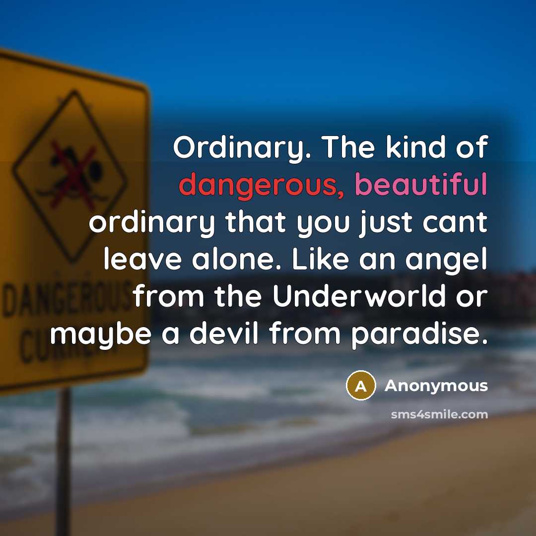 “Ordinary. The kind of dangerous, beautiful ordinary that you just cant leave alone. Like an angel from the Underworld or maybe a devil from paradise.” quote by Anonymous