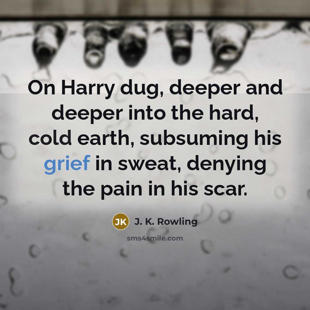 “On Harry dug, deeper and deeper into the hard, cold earth, subsuming his grief in sweat, denying the pain in his scar.” quote by J. K. Rowling