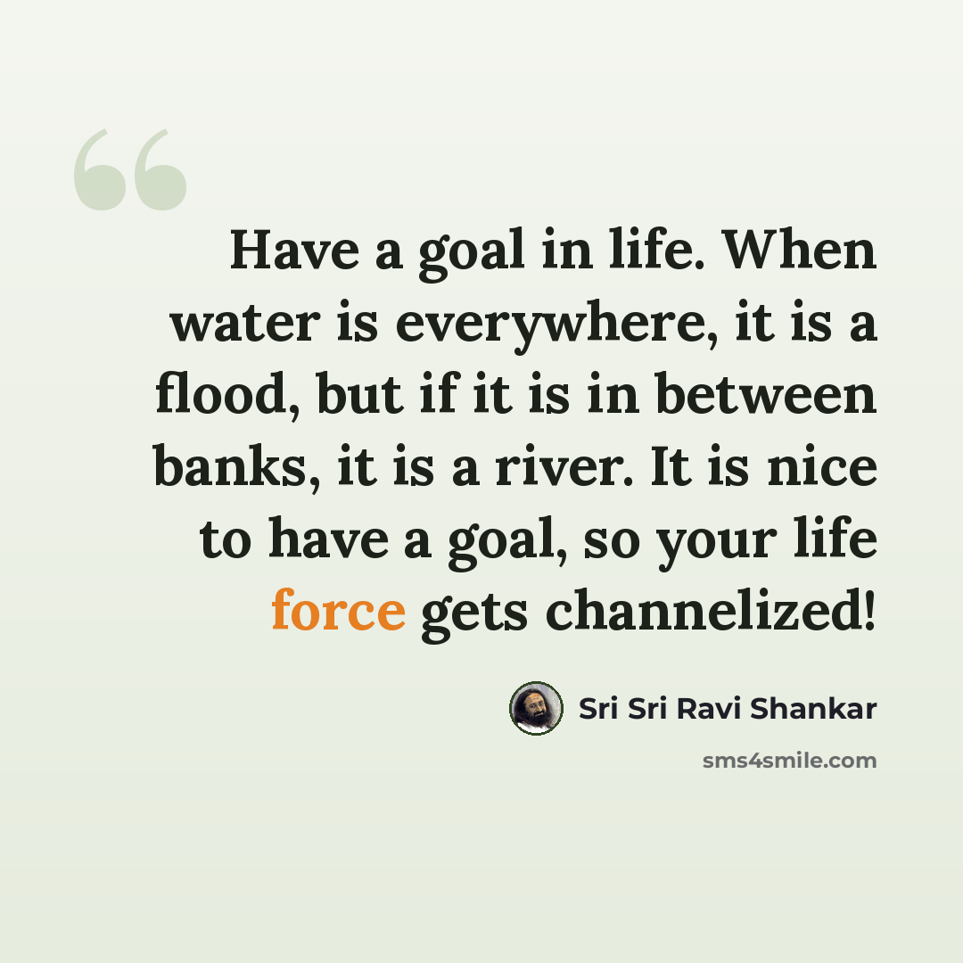 “Have a goal in life. When water is everywhere, it is a flood, but if it is in between banks, it is a river. It is nice to have a goal, so your life force gets channelized!” quote by Sri Sri Ravi Shankar
