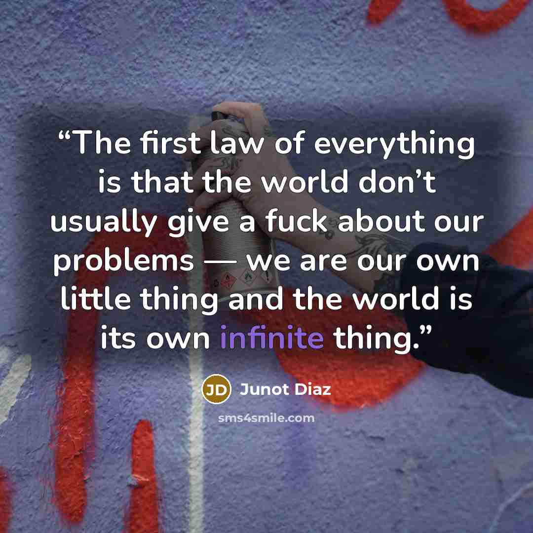 “The first law of everything is that the world don’t usually give a fuck about our problems — we are our own little thing and the world is its own infinite thing.” quote by Junot Díaz