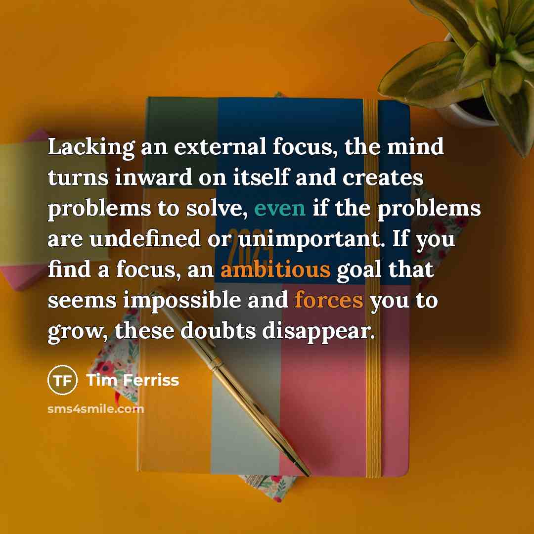 “Lacking an external focus, the mind turns inward on itself and creates problems to solve, even if the problems are undefined or unimportant. If you find a focus, an ambitious goal that seems impossible and forces you to grow, these doubts disappear.” quote by Tim Ferriss