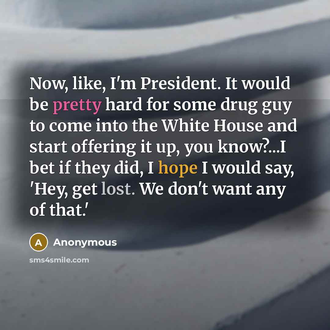 “Now, like, I'm President. It would be pretty hard for some drug guy to come into the White House and start offering it up, you know?...I bet if they did, I hope I would say, 'Hey, get lost. We don't want any of that.'” quote by Anonymous