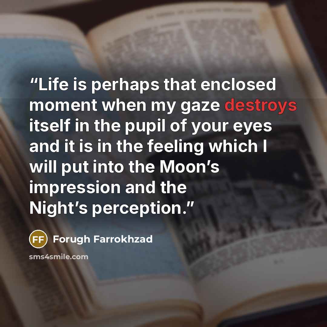 “Life is perhaps that enclosed moment when my gaze destroys itself in the pupil of your eyes and it is in the feeling which I will put into the Moon’s impression and the Night’s perception.” quote by Forugh Farrokhzad