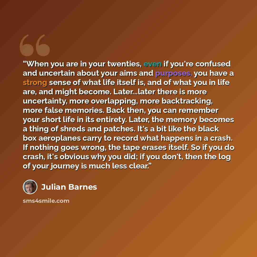 “When you are in your twenties, even if you're confused and uncertain about your aims and purposes, you have a strong sense of what life itself is, and of what you in life are, and might become. Later...later there is more uncertainty, more overlapping, more backtracking, more false memories. Back…” quote by Julian Barnes