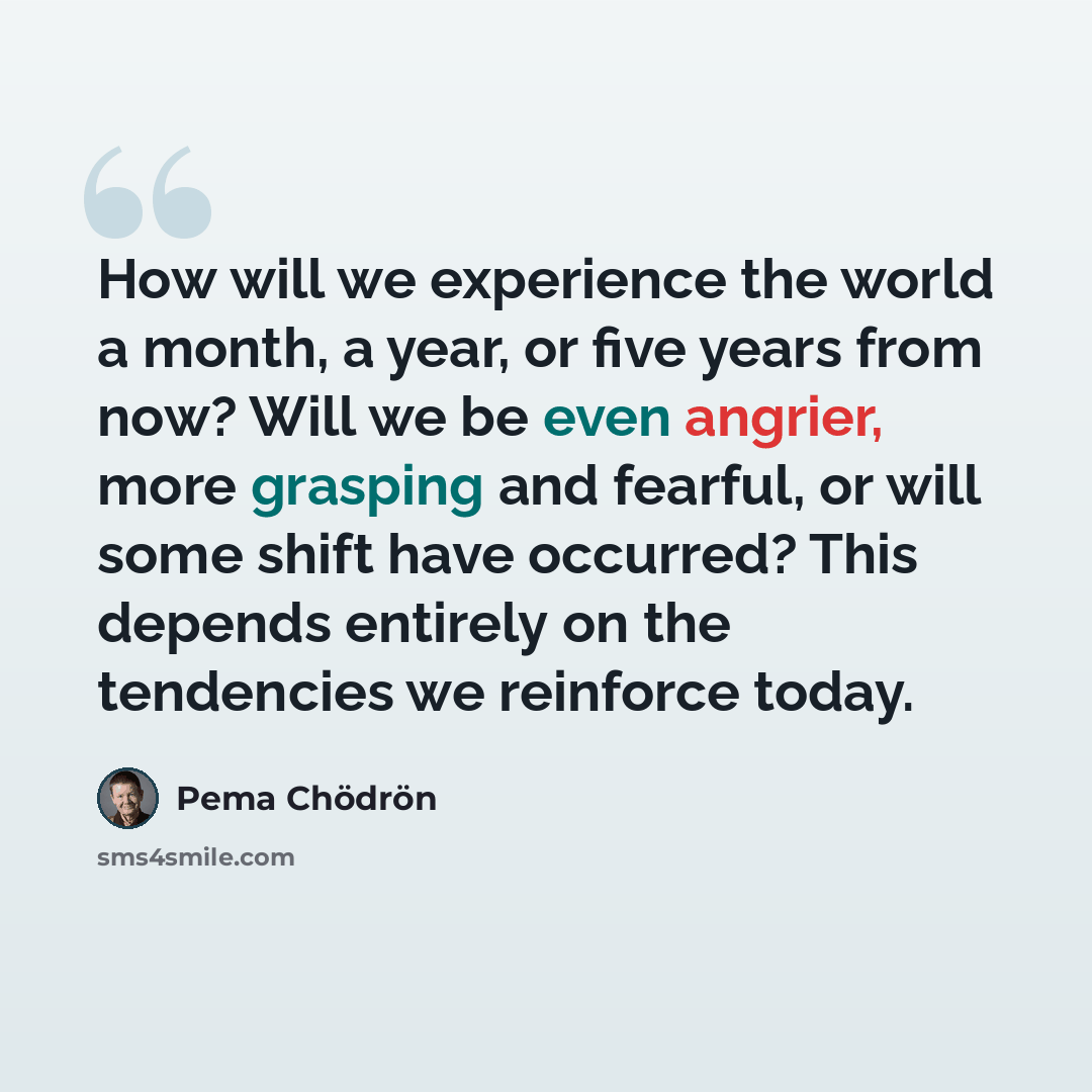 “How will we experience the world a month, a year, or five years from now? Will we be even angrier, more grasping and fearful, or will some shift have occurred? This depends entirely on the tendencies we reinforce today.” quote by Pema Chodron