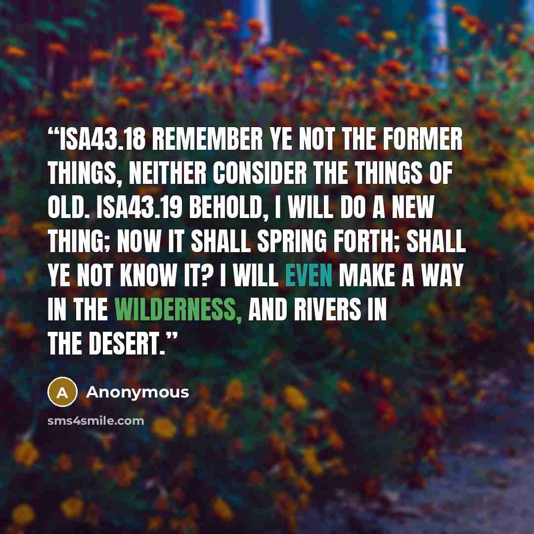 “ISA43.18 Remember ye not the former things, neither consider the things of old. ISA43.19 Behold, I will do a new thing; now it shall spring forth; shall ye not know it? I will even make a way in the wilderness, and rivers in the desert.” quote by Anonymous