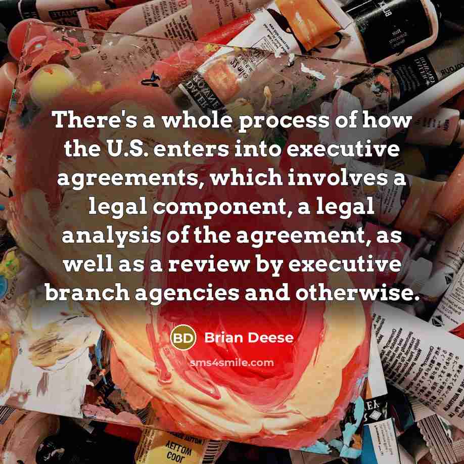 “There's a whole process of how the U.S. enters into executive agreements, which involves a legal component, a legal analysis of the agreement, as well as a review by executive branch agencies and otherwise.” quote by Brian Deese