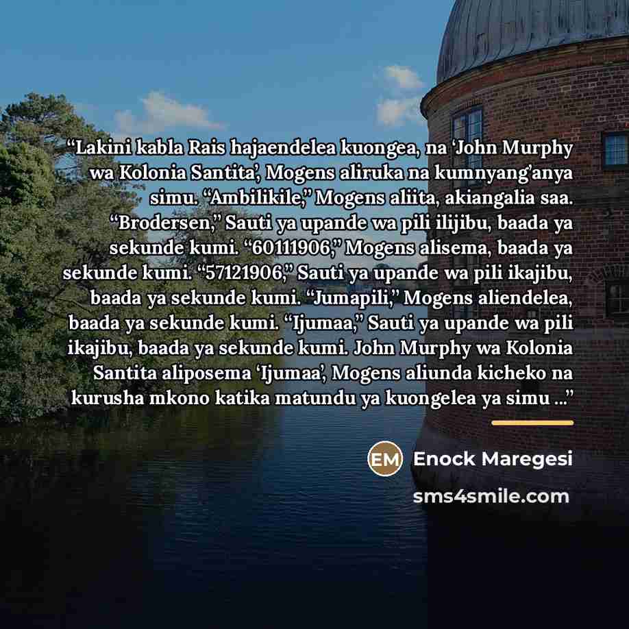 “Lakini kabla Rais hajaendelea kuongea, na ‘John Murphy wa Kolonia Santita’, Mogens aliruka na kumnyang’anya simu. “Ambilikile,” Mogens aliita, akiangalia saa. “Brodersen,” Sauti ya upande wa pili ilijibu, baada ya sekunde kumi. “60111906,” Mogens alisema, baada ya sekunde kumi. “57121906,” Sauti…” quote by Enock Maregesi