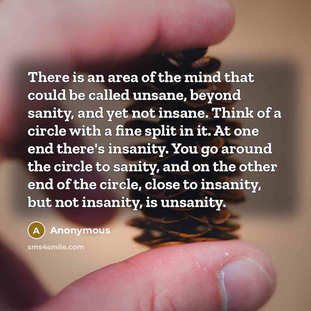“There is an area of the mind that could be called unsane, beyond sanity, and yet not insane. Think of a circle with a fine split in it. At one end there's insanity. You go around the circle to sanity, and on the other end of the circle, close to insanity, but not insanity, is unsanity.” quote by Anonymous