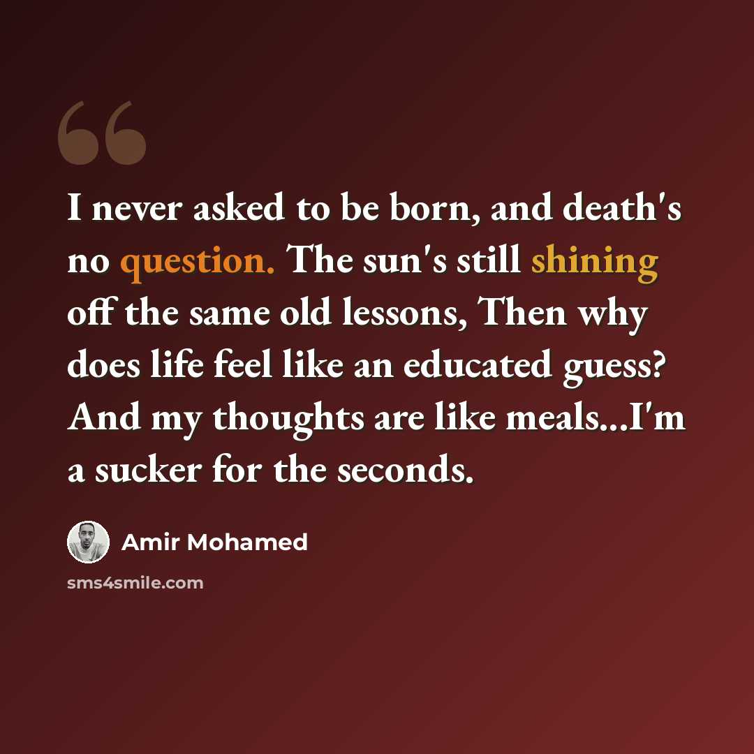 “I never asked to be born, and death's no question. The sun's still shining off the same old lessons, Then why does life feel like an educated guess? And my thoughts are like meals...I'm a sucker for the seconds.” quote by Amir Mohamed
