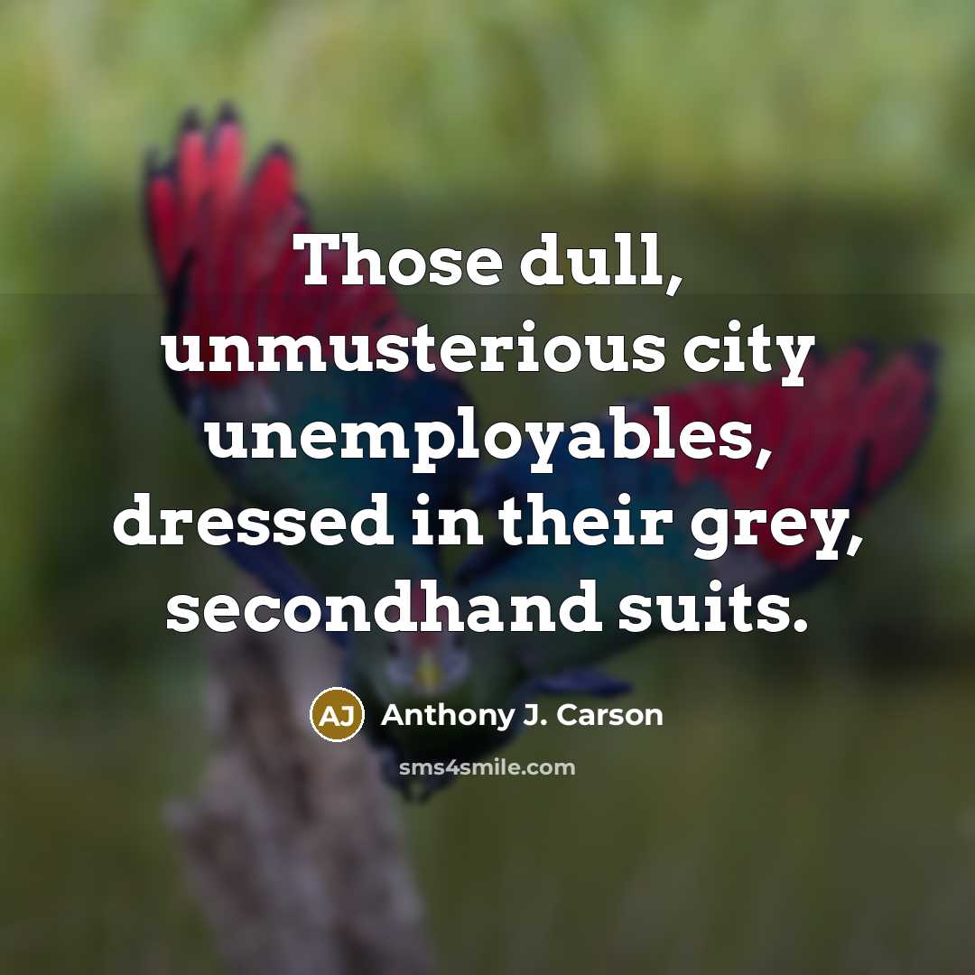 “Those dull, unmusterious city unemployables, dressed in their grey, secondhand suits.” quote by Anthony J. Carson