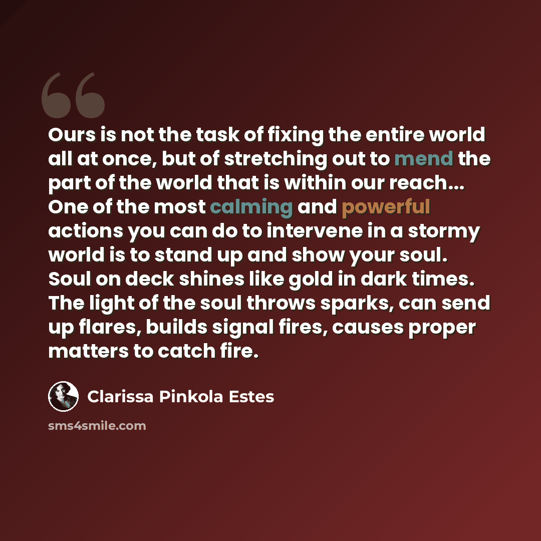 “Ours is not the task of fixing the entire world all at once, but of stretching out to mend the part of the world that is within our reach... One of the most calming and powerful actions you can do to intervene in a stormy world is to stand up and show your soul. Soul on deck shines like gold in…” quote by Clarissa Pinkola Estes