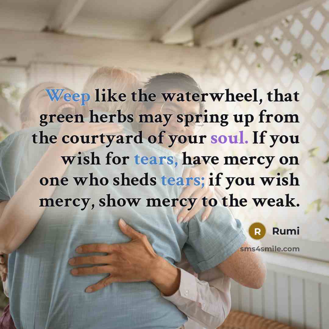 “Weep like the waterwheel, that green herbs may spring up from the courtyard of your soul. If you wish for tears, have mercy on one who sheds tears; if you wish mercy, show mercy to the weak.” quote by Rumi