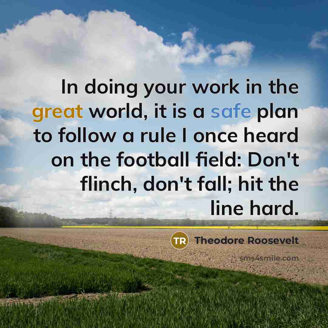 “In doing your work in the great world, it is a safe plan to follow a rule I once heard on the football field: Don't flinch, don't fall; hit the line hard.” quote by Theodore Roosevelt