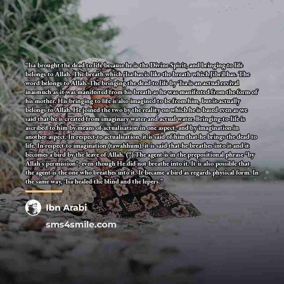 “Isa brought the dead to life because he is the Divine Spirit, and bringing to life belongs to Allah. The breath which 'Isa has is like the breath which Jibril has. The word belongs to Allah. The bringing the dead to life by 'Isa is an actual revival inasmuch as it was manifested from his breath as…” quote by Ibn Arabi