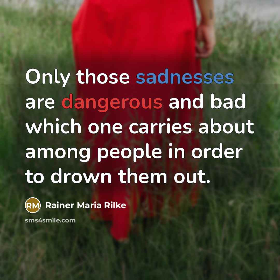 “Only those sadnesses are dangerous and bad which one carries about among people in order to drown them out.” quote by Rainer Maria Rilke