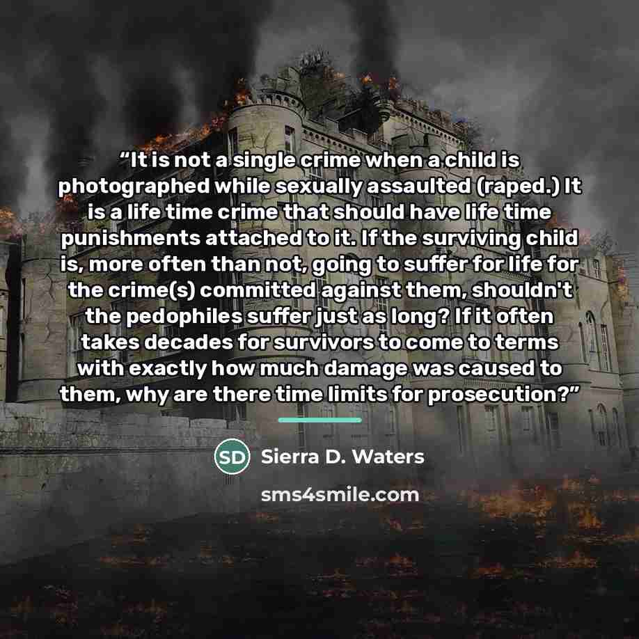 “It is not a single crime when a child is photographed while sexually assaulted (raped.) It is a life time crime that should have life time punishments attached to it. If the surviving child is, more often than not, going to suffer for life for the crime(s) committed against them, shouldn't the…” quote by Sierra D. Waters