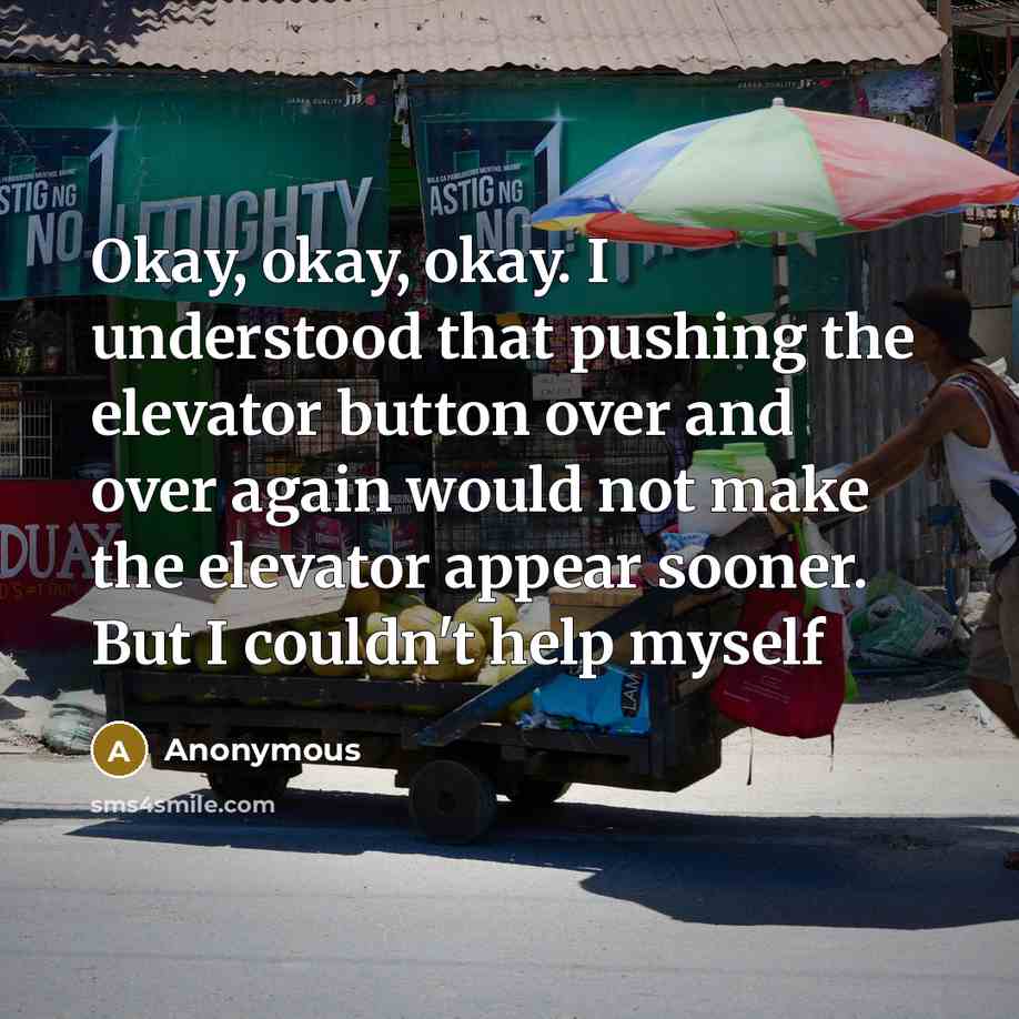 “Okay, okay, okay. I understood that pushing the elevator button over and over again would not make the elevator appear sooner. But I couldn't help myself” quote by Anonymous