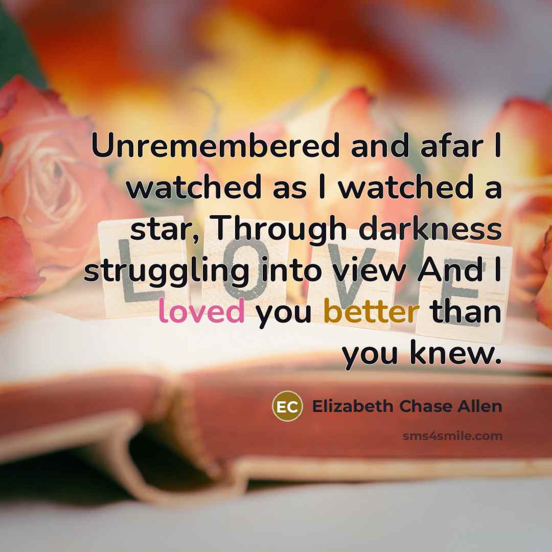 “Unremembered and afar I watched as I watched a star, Through darkness struggling into view And I loved you better than you knew.” quote by Elizabeth Chase Allen